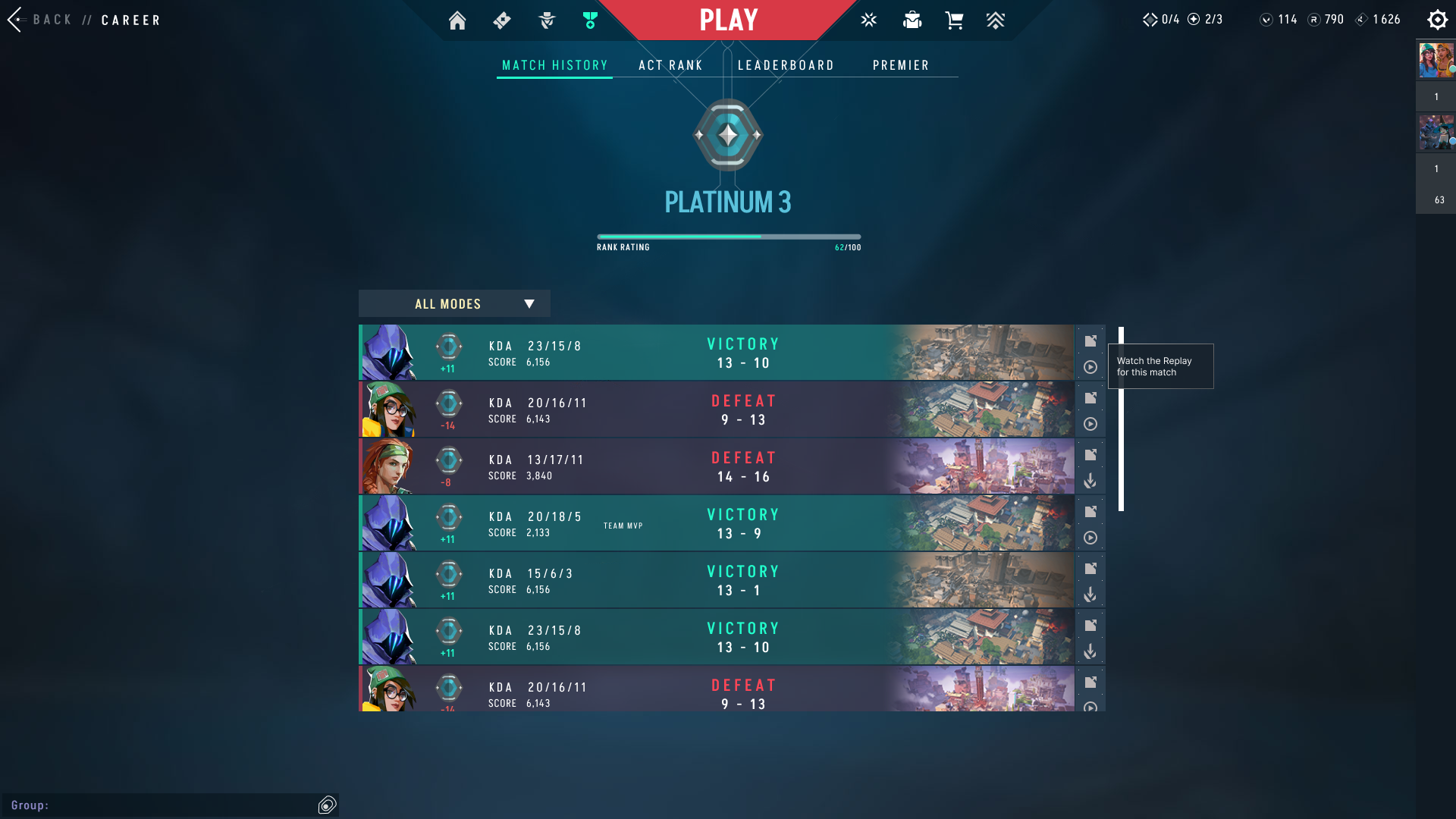 Match history screen mockup showing tooltip hover